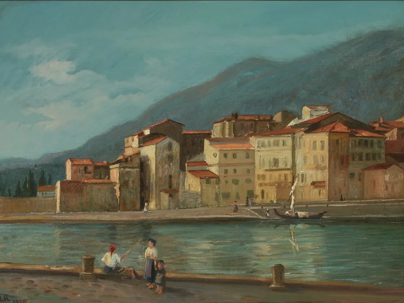 1866-Harald Martin Hansen Holm - Paesaggio dell'Europa meridionale in riva a un fiume con case e montagne sullo sfondo, 1910.